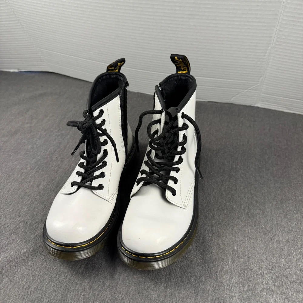 Dr. Martens 1460 J Junior White Patent Leather Lace Up Zip Boots Size 2 US Kids